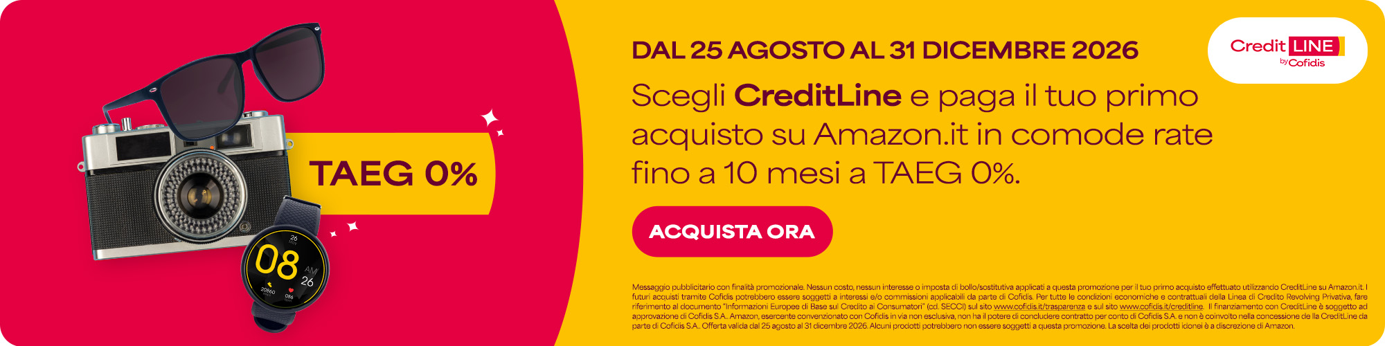 Dal 25 agosto al 31 dicembre 2026, scegli CreditLine e paga il tuo primo acquisto su Amazon.it in comode rate fino a 10 mesi a TAEG 0%