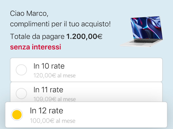 Esempio di acquisto di un computer a rate con PagoDIL: ciao Marco, complimenti per aver acquistato un computer! Il totale da pagare è 1.200€, senza interessi. Pagalo in 12 rate, a 100€ al mese. 