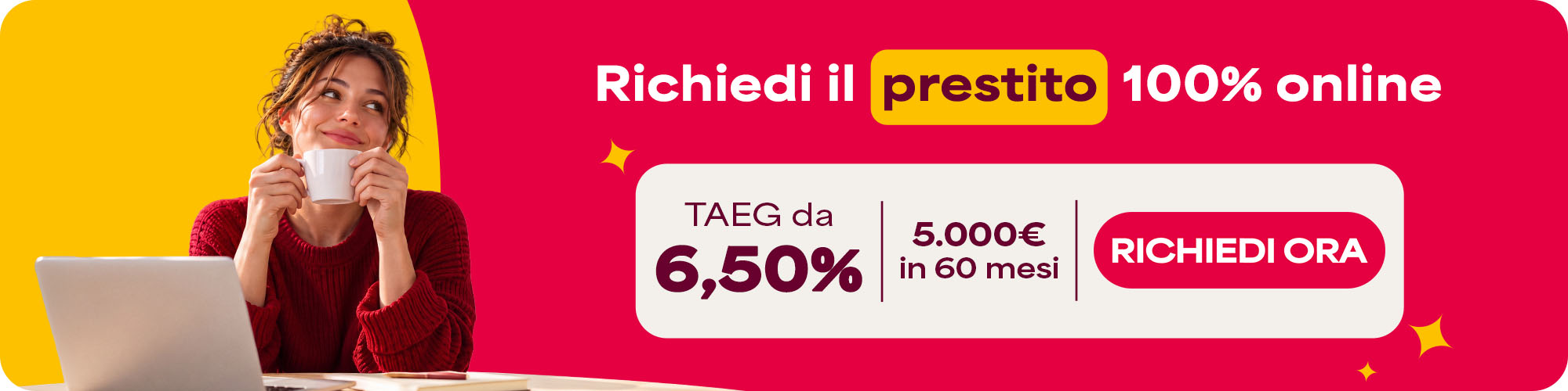 Prestito 100% online | TAEG da 6,50% | 5.000€ in 60 mesi | Richiedi