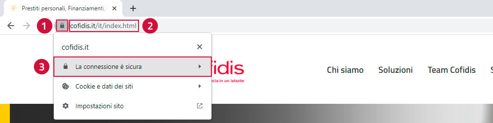 Screen dell'indirizzo del sito web di Cofidis Italia come esempio di link sicuro. 1) Lucchetto: simbolo di sito sicuro | 2) cofidis.it/it/index.htlm: indirizzo e dominio di Cofidis Italia corretti | 3) la barra degli indirizzi del browser indica che la connessione è sicura.