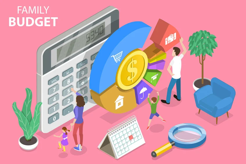 rodinná ilustrácia, ktorá vypočítava rozpočet pomocou kalkulačky a rozpočtového diagramu