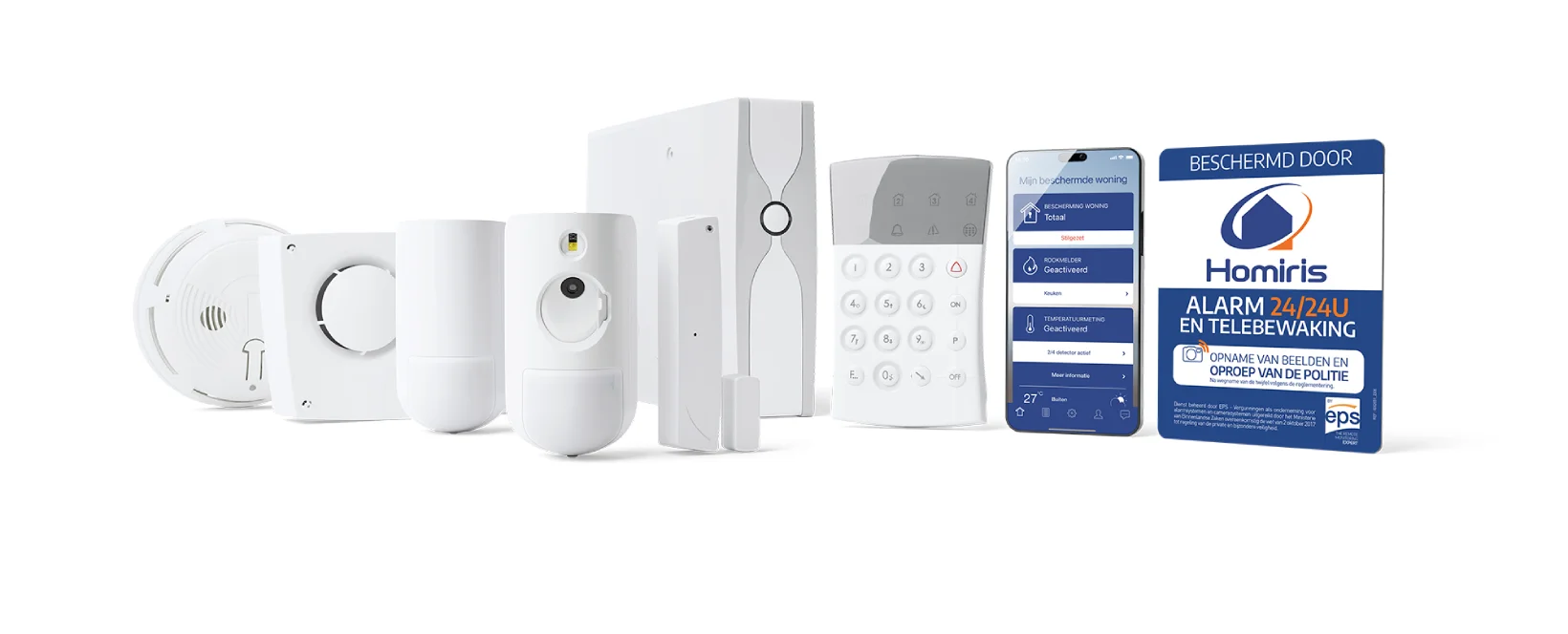 Materiaal alarm systeem (sirene, rookmelder, afstandsbediening, sensor, klavier, noodknop, app, signaleringsplaatje)