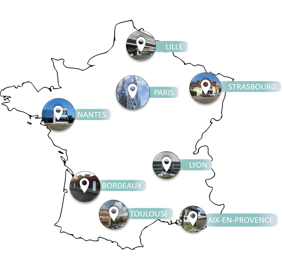 Les agences se trouvent à Lille, Strasbourg, Paris, Nantes, Lyon, Bordeaux, Toulouse et Aix-en-Provence