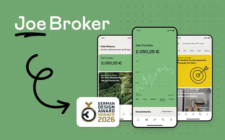 3 Screenshots der Joe Broker App. German Design Award Winner 2026